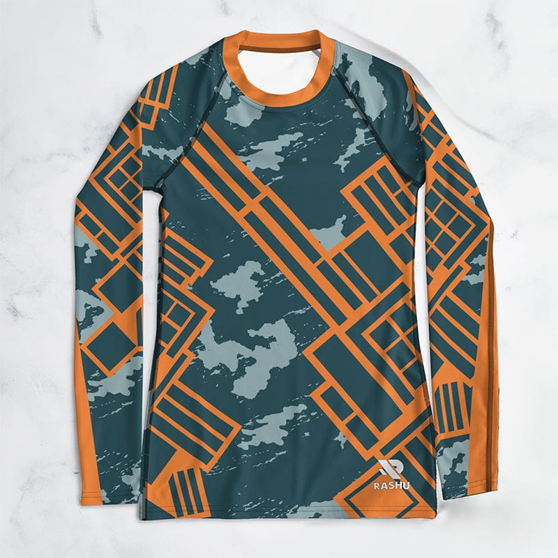 Rashguard Motif Urbain Gris et Orange - Femme Votre Rash Guard, Votre Mérite | Rashu